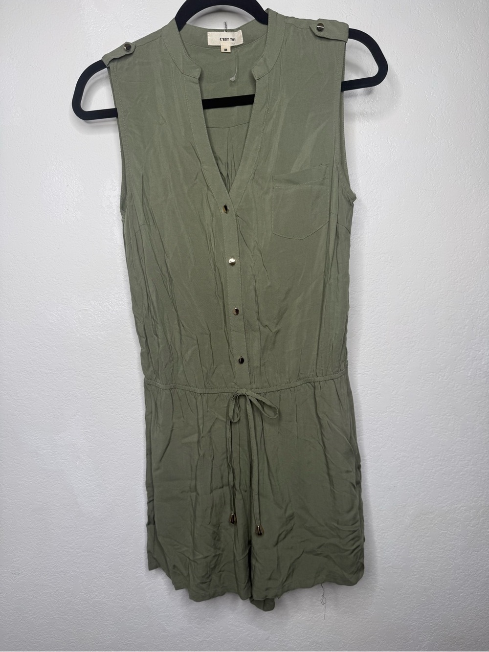 C'est Toi Women's Green V-Neck Sleeveless Button Romper w/ Pockets Size M